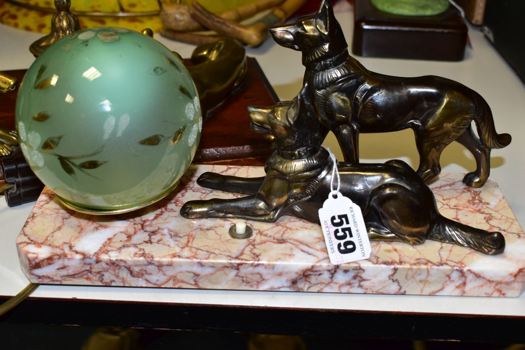 AN ART DECO DESK LAMP DEPICTING A PAIR OF BRONZED ALSATIAN DOGS MOUNTED TO A MARBLE PLINTH, - Image 8 of 8