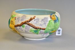 A CLARICE CLIFF FOR NEWPORT POTTERY BUDGERIGAR DESIGN BOWL, decorated with a pair of painted