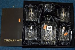 A BOXED THOMAS WEBB DECANTER WITH FOUR WHISKY TUMBLER GLASSES, (Condition report: no obvious