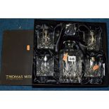 A BOXED THOMAS WEBB DECANTER WITH FOUR WHISKY TUMBLER GLASSES, (Condition report: no obvious