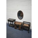 AN OAK NEST OF THREE TABLES, along with a carved oak hall table with a single drawer, dressing stool