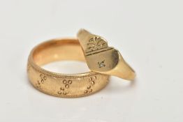 TWO 9CT GOLD RINGS, a yellow gold patterned band ring, detailed with grain and beading,