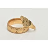 TWO 9CT GOLD RINGS, a yellow gold patterned band ring, detailed with grain and beading,