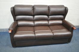 A BROWN LEATHER THREE SEATER SOFA. length 178cm (no fire labels, but within the fire regulations)