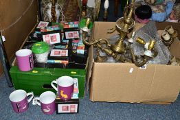 TWO BOXES AND LOOSE LAMPS, LIGHT FITTINGS, PICTURES AND BOXED MUGS, to include two pairs of brass