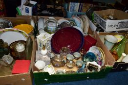 EIGHT BOXES AND LOOSE CERAMICS, GLASS AND SUNDRIES ETC, to include a Mdina pulled lobe 'ear' vase,