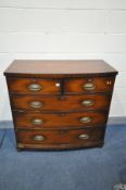 A GEORGIAN MAHOGANY BOW FRONT CHEST OF TWO SHORT OVER THREE LONG DRAWERS, width 107cm x depth 51cm x