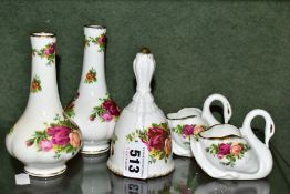 FIVE PIECES OF ROYAL ALBERT OLD COUNTRY ROSES GIFTWARES, comprising a pair of bud vases height 13cm,