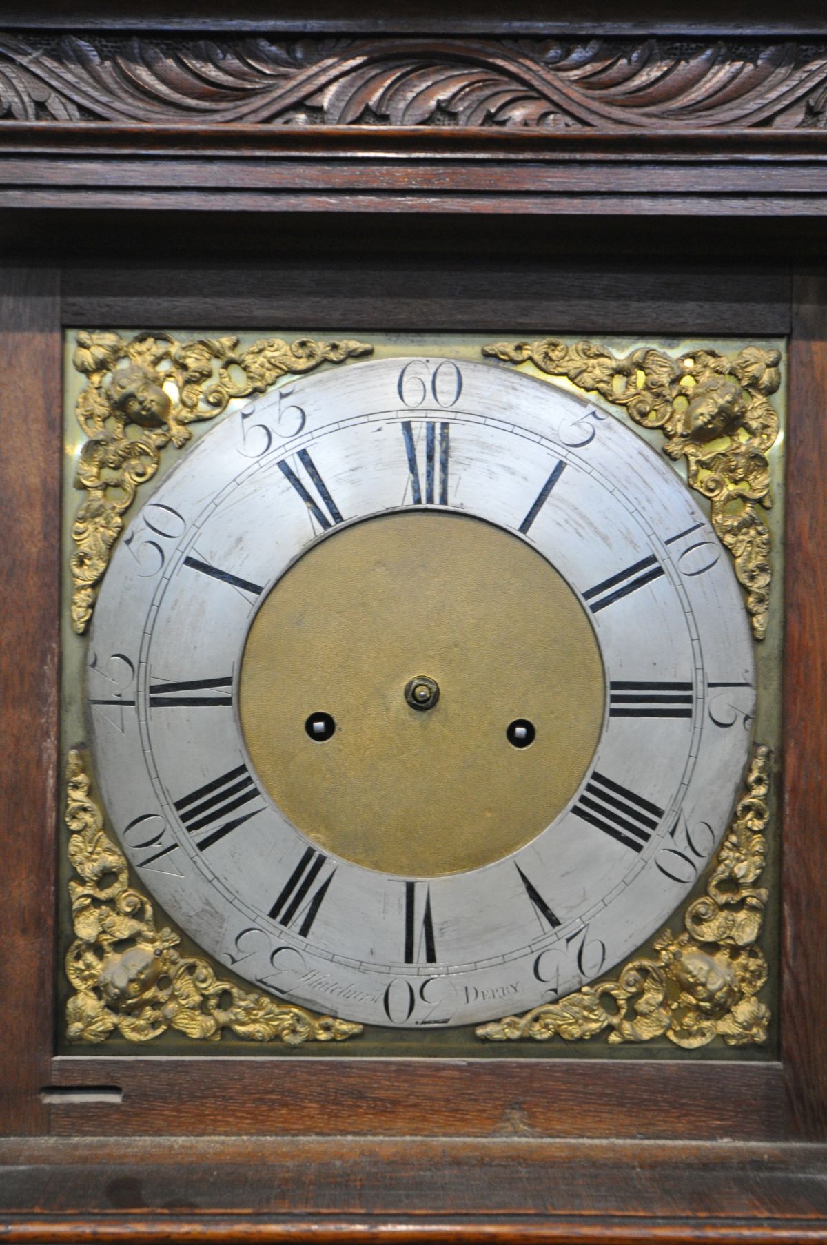 AN OAK EIGHT DAY LONGCASE CLOCK, Whitehurst of Derby, the hood and trunk with carved foliate - Image 3 of 8