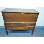 A GEORGIAN OAK AND MAHOGANY CROSSBANDED MULE CHEST ON STAND, with two short and one long drawer,