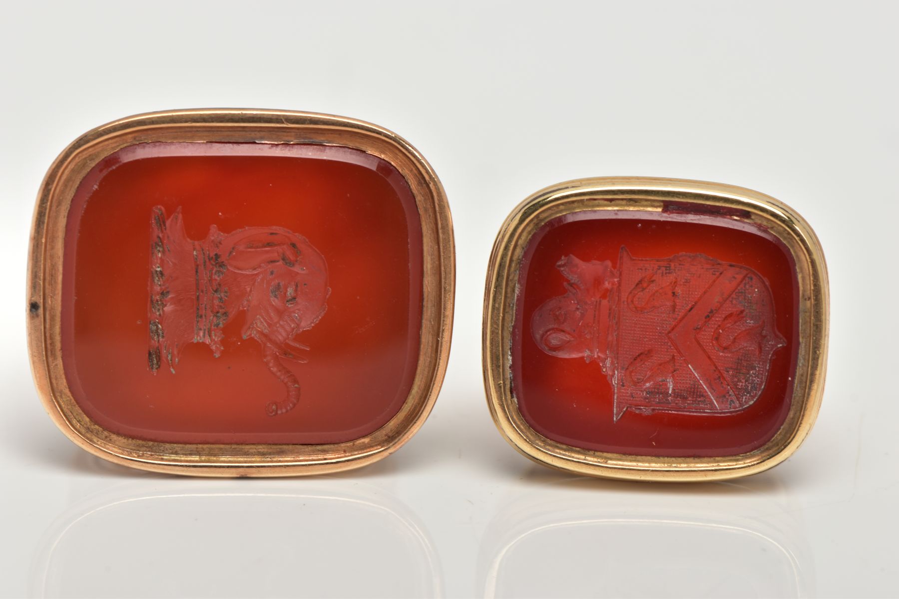 TWO CARNELIAN SEAL FOBS, the first a large rectangular carnelian intaglio detailing an elephant - Image 4 of 4