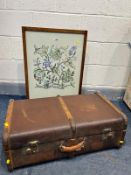 AN OAK TAPESTRY FIRESCREEN, and a travelling suitcase (2)