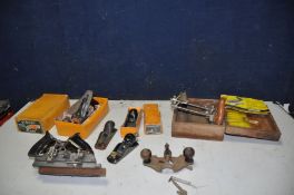 NINE STANLEY WOOD PLANES COMPRISING OF A 13-050 Combination Plane in wooden box with cutters, a No71