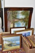 MODERN PAINTINGS AND DECORATIVE PRINTS ETC, to include two landscape oils on canvas signed I