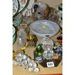 A COLLECTION OF GLASS ORNAMENTS AND GIFTWARES ETC, to include a Swarovski crystal bell missing a