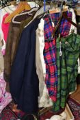 A COLLECTION OF LADIES AND GENTS CLOTHING, including a size 16 Moffat Weavers green wool kilt, a