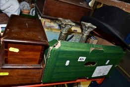 A BOX AND LOOSE BOOKS, WOODEN BOXES AND MISCELLANEOUS ITEMS, to include a slope fronted writing box,