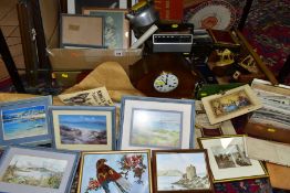 TWO BOXES AND LOOSE PICTURES, POSTCARDS, TRADE CARDS IN ALBUMS, DESK ACCESSORIES, ETC, including