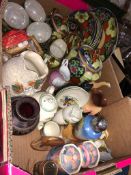 THREE BOXES OF CERAMICS, GLASS AND SUNDRIES ETC, to include a Blickensderfer number 8 typewriter