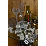 A GROUP OF SWAROVSKI CRYSTAL AND OTHER GLASSWARES, to include a Swarovski crystal candleholder