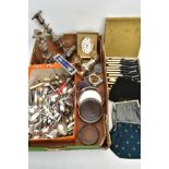 A BOX OF ASSORTED WHITE METAL WARE, to include a pair of silver-plated copper candle sticks, each