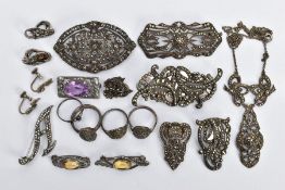 A BAG OF ASSORTED WHITE METAL MARCASITE JEWELLERY, to include a silver marcasite ring hallmarked