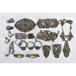 A BAG OF ASSORTED WHITE METAL MARCASITE JEWELLERY, to include a silver marcasite ring hallmarked