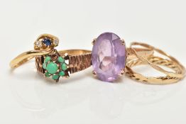 SIX RINGS, to include a large oval amethyst dress ring, hallmarked 9ct Birmingham, ring size O, a