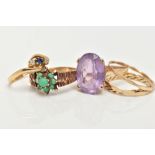 SIX RINGS, to include a large oval amethyst dress ring, hallmarked 9ct Birmingham, ring size O, a