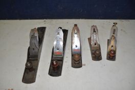 A STANLEY No7 JOINTING PLANE, a Rolson No6 Plane, a Stanley No5 plane, a Stanley No4 plane and a GTL