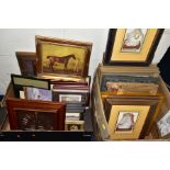 TWO BOXES OF DECORATIVE FRAMED PRINTS ETC, to include four prints after Raphael, three Magasun De