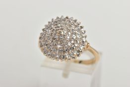 A 9CT GOLD DIAMOND CLUSTER RING, a circular cluster ring set with round brilliant cut diamonds in
