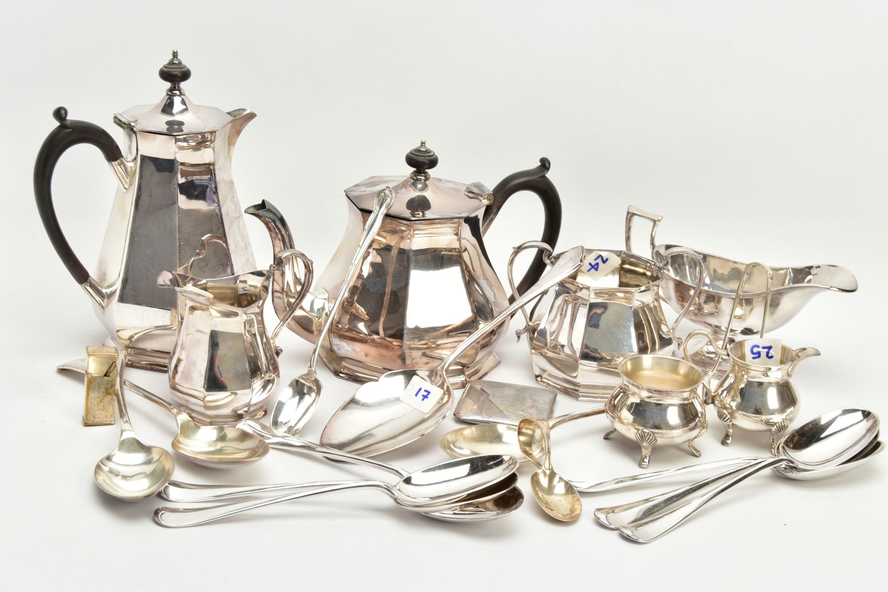 A TEA SERVICE SET AND CUTLERY, to include a silver-plated four piece faceted tea set, together
