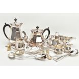 A TEA SERVICE SET AND CUTLERY, to include a silver-plated four piece faceted tea set, together