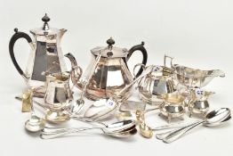 A TEA SERVICE SET AND CUTLERY, to include a silver-plated four piece faceted tea set, together