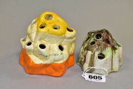 TWO CLARICE CLIFF FLORAL FROGS, resembling rock formations, comprising a yellow, orange and cream