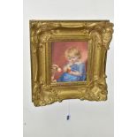 A VICTORIAN STYLE WATERCOLOUR OF A YOUNG CHILD AND DOG, the child is dressed in blue and is