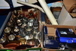THREE BOXES AND LOOSE METALWARES, SEWING MACHINE, CAMERAS AND SUNDRY ITEMS, to include pewter