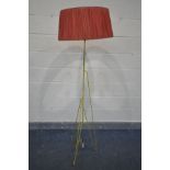 A MID CENTURY YELLOW FINISH WIRE HAIRPIN STANDARD LAMP, with a red shade, height to fitting 145cm (