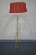 A MID CENTURY YELLOW FINISH WIRE HAIRPIN STANDARD LAMP, with a red shade, height to fitting 145cm (