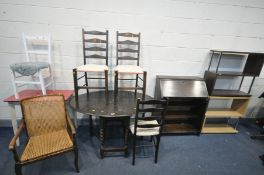 A QUANTITY OF OCCASIONAL TABLE, to include an oak barley twist gate leg table, three ladderback