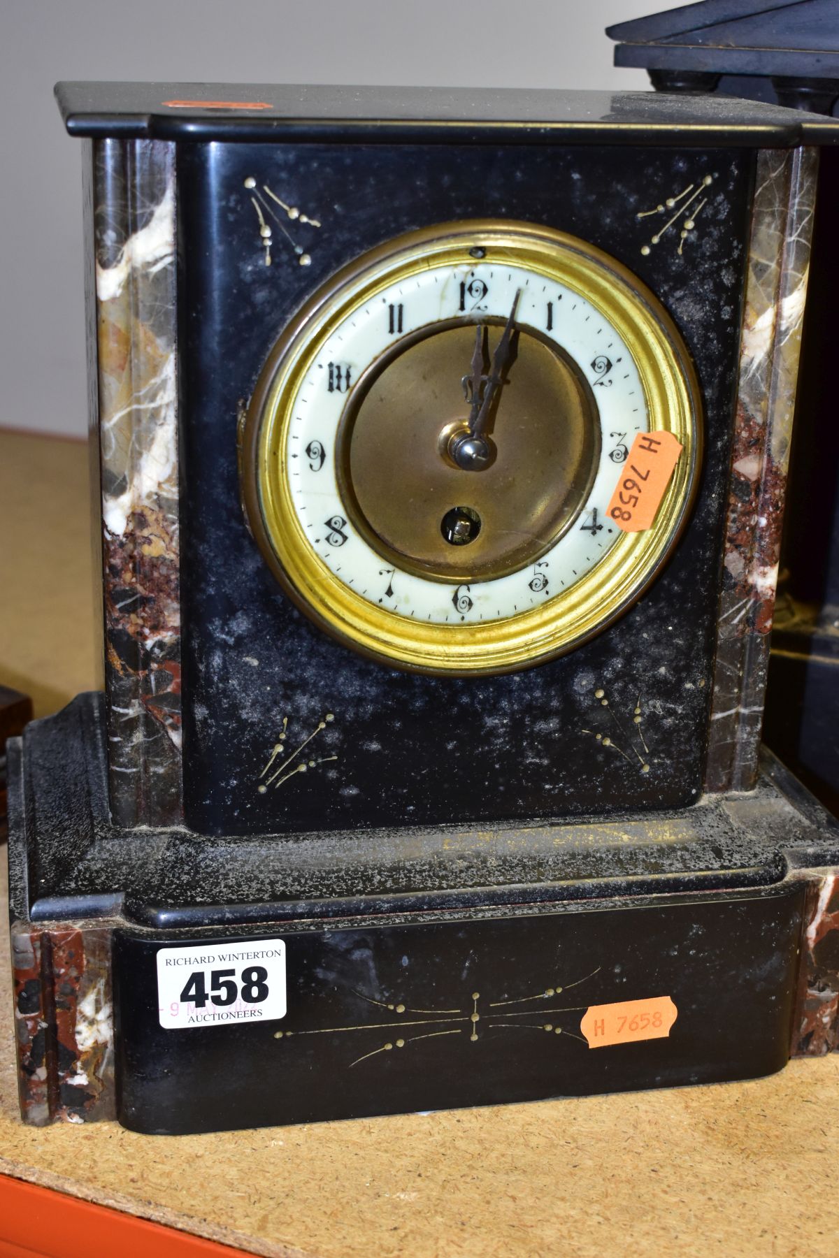 THREE LATE VICTORIAN BLACK SLATE AND MARBLE MANTEL CLOCKS, two of rectangular form with thirty - Image 2 of 8