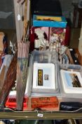 TWO BOXES AND LOOSE MODEL BOATS, PARASOLS, CARDS AND SUNDRY ITEMS, to include approximately one