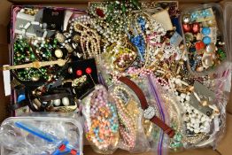 A BOX OF ASSORTED COSTUME JEWELLERY, to include a selection of beaded necklaces, a wide variety of