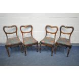 A SET OF FOUR VICTORIAN ROSEWOOD BALLOON BACK CHAIRS, with green and floral drop in seat pads, on