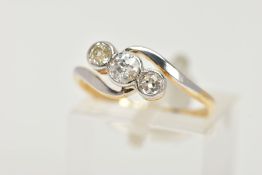 A THREE STONE DIAMOND RING, designed with three graduated old cut diamonds each in a milgrain