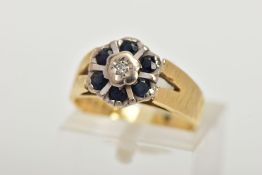 A SAPPHIRE AND DIAMOND CLUSTER RING, flower shape cluster set with a central single cut diamond,
