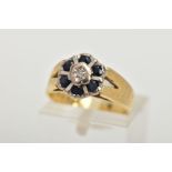 A SAPPHIRE AND DIAMOND CLUSTER RING, flower shape cluster set with a central single cut diamond,