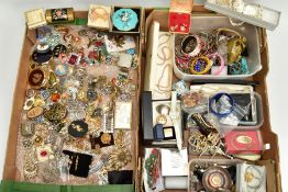 TWO BOXES OF ASSORTED COSTUME JEWELLERY, to include a Stratton compact, a nurses belt EPNS,