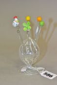 SIX GLASS COCKTAIL STICKS AND HOLDER, comprising a clear bulb shaped holder with white swirl pattern